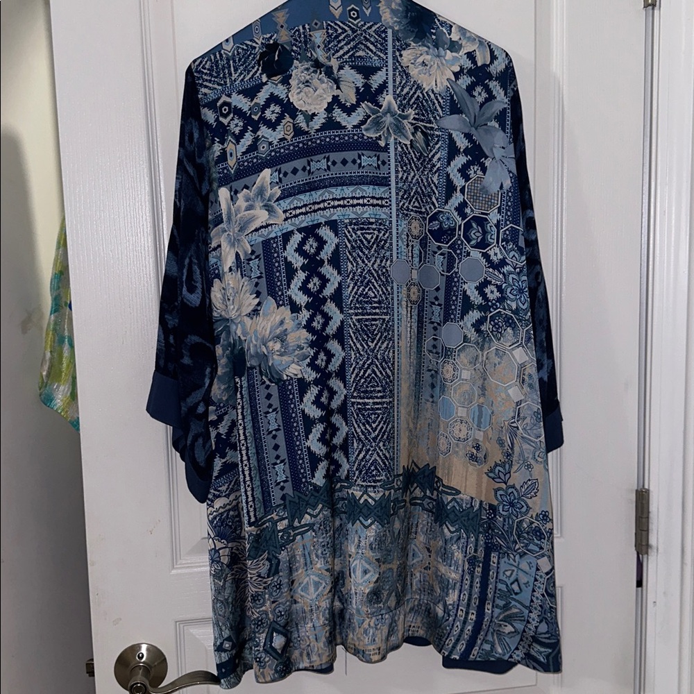 John Mark Blue Boho Kimono Duster Cardigan Patchwork Embroidered Longline 1X - Picture 2 of 11